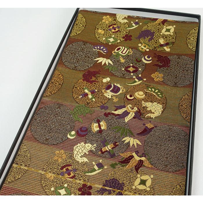 袋帯 東天紅 宝尽くし 六通柄 段織金糸織り込み 正絹 11064 : 11064  