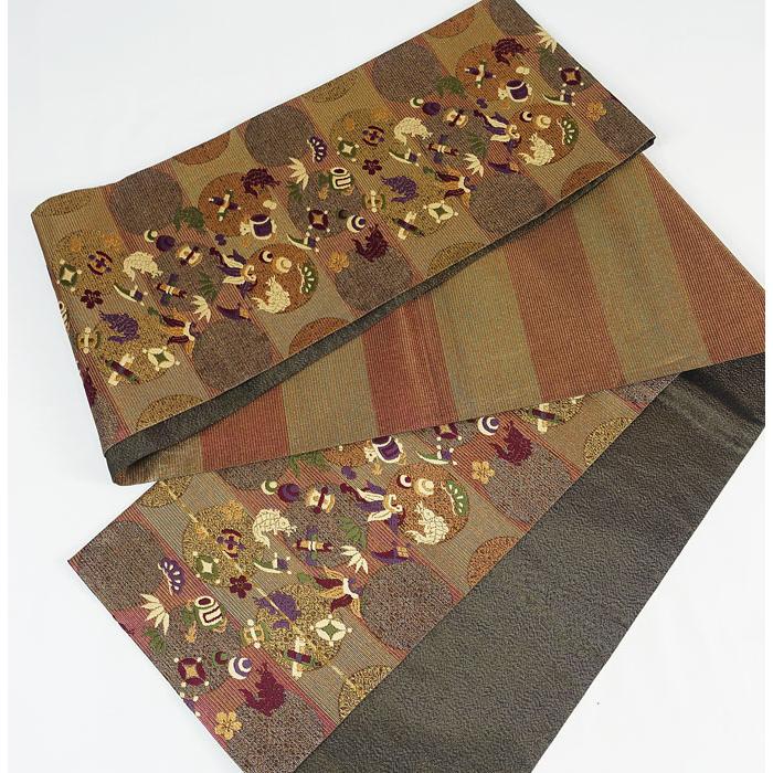 袋帯 東天紅 宝尽くし 六通柄 段織金糸織り込み 正絹 11064 : 11064  