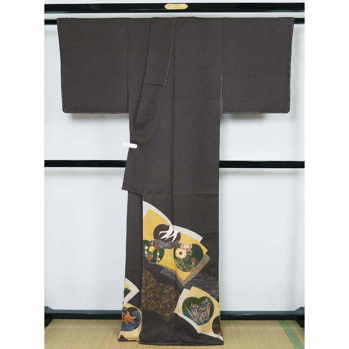 訪問着 しつけ糸付き未使用 袷のきもの 屏風絵柄調 Lサイズ 対鷹の羽  