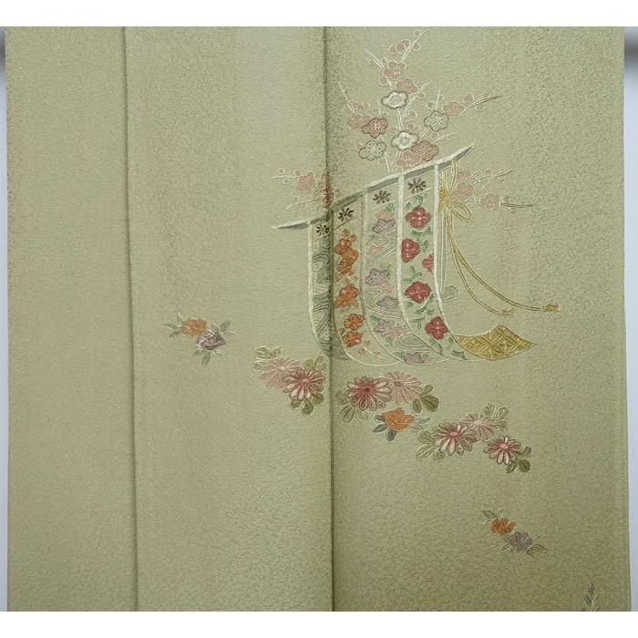 附下訪問着 袷のきもの 地紋入り 衣桁熨斗花柄刺繍柄 正絹 11141 