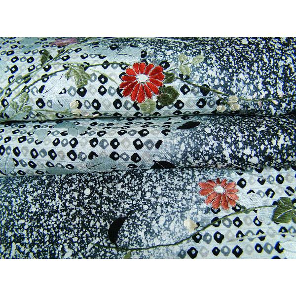 訪問着 モノクロ叩き染地 銀箔 小花刺繍 染絞り柄 正絹 6601 : きもの 