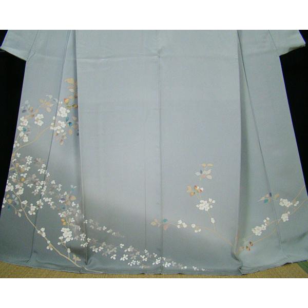 京友禅訪問着 ロング丈168cm位 蒼白色暈し染 草花柄 正絹9015  