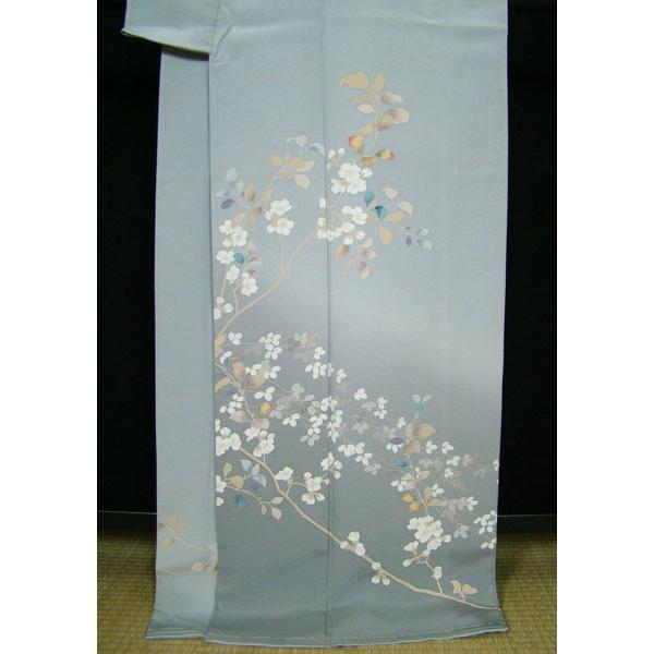 京友禅訪問着 ロング丈168cm位 蒼白色暈し染 草花柄 正絹9015  