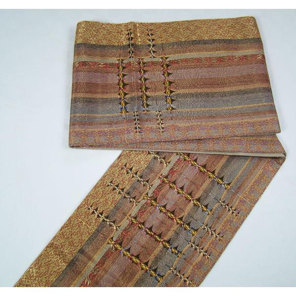 ひなや　未着用　袋帯　手組み　縦縞　金糸　菱　抽象模様　着物　124a d ひなや 未着用 袋帯 手組み 縦縞 金糸 菱 抽象模様 着物 124a d