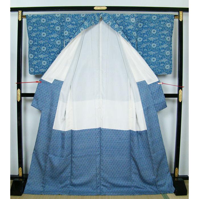 訪問着 超ロング丈 日本の美 藍染蔦花 菊花柄 正絹 9440 : きもの 