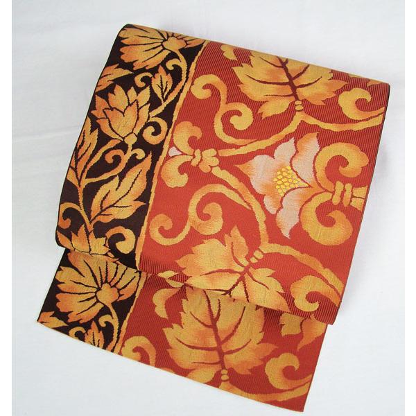 九寸名古屋帯 未使用 六通柄 振り分け蔦花柄 正絹 9631