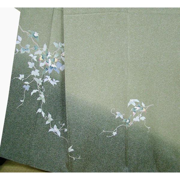 訪問着 利休鼠色系 叩き染め裾暈しに草花柄 丸に片喰縫い紋入り 正絹  