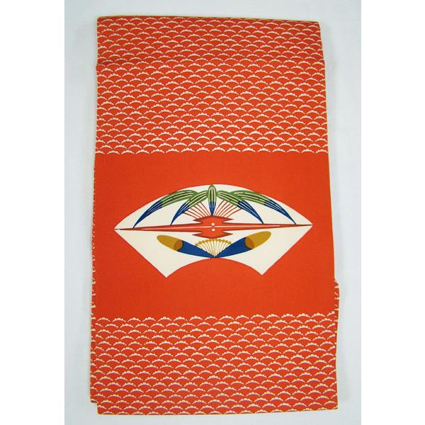 九寸名古屋帯 未使用 朱赤色系 塩瀬地 露芝に扇面抜き