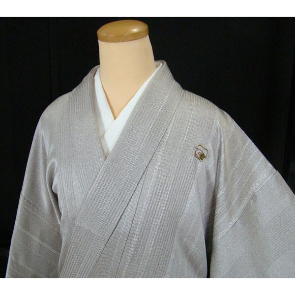 訪問着 薄グレー色系 縞に裾草花抜き 五三桐縫い紋入り 正絹 9728 
