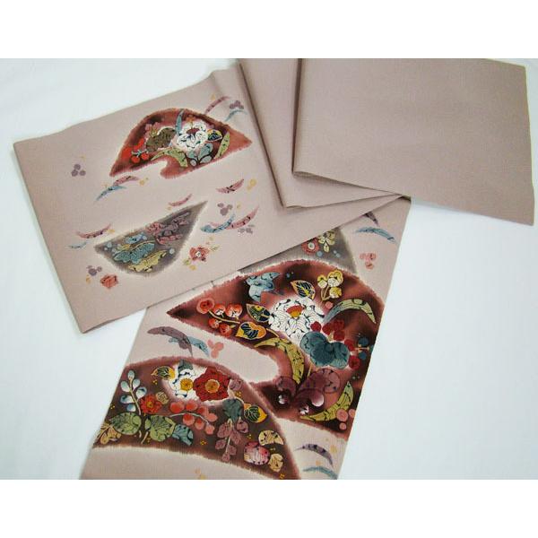 縮緬九寸名古屋帯 露芝柄取り辻が花染柄 作家落款入り 正絹 9778  