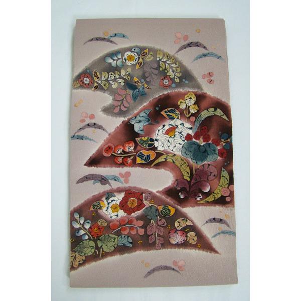 縮緬九寸名古屋帯 露芝柄取り辻が花染柄 作家落款入り 正絹 9778  