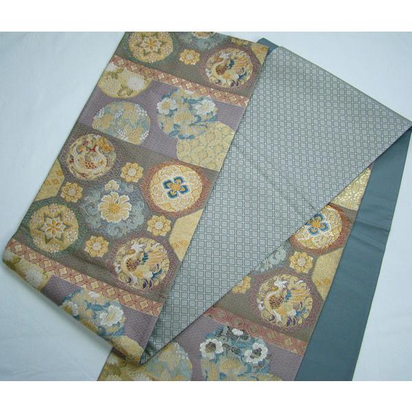 袋帯 数々の家紋織り 鳳凰 七宝 菊花 桐紋織 六通柄 正絹 9793