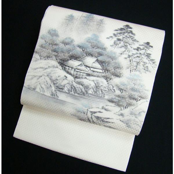 九寸名古屋帯 未使用 鱗地紋手描き水墨画 お太鼓柄 正絹 9835 九寸名古屋帯 未使用 鱗地紋手描き水墨画 お太鼓柄 正絹 9835