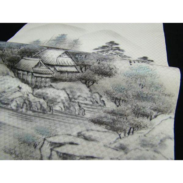 九寸名古屋帯 未使用 鱗地紋手描き水墨画 お太鼓柄 正絹 9835 九寸名古屋帯 未使用 鱗地紋手描き水墨画 お太鼓柄 正絹 9835