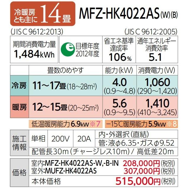 三菱 ハウジングエアコン【MFZ-HK4022AS W】ホワイト 床置形 HK
