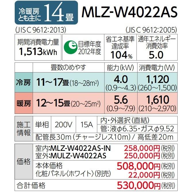 三菱 π○三菱 ハウジングエアコン【MLZ-W4022AS】化粧パネル付 2
