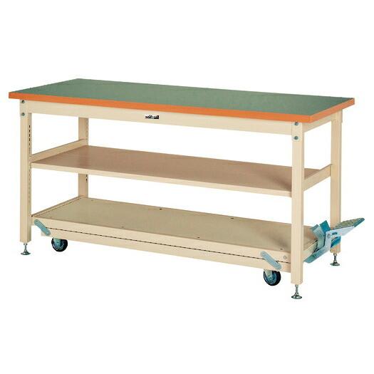 ####u.ヤマキン/山金工業ワークテーブル ペダル移動タイプ 中間棚 固定時3000kgタイプ H922mm 塩ビシート天板 組立式