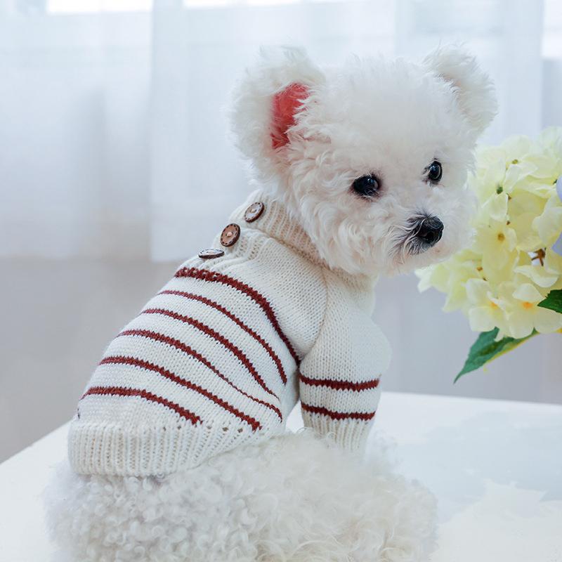 【クリアランスセール！】最終価格！　ペット服 犬 ボーダー カジュアル 長袖ニット ボタン付  グレー&ホワイト |  | 02