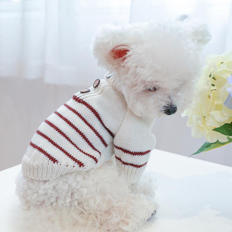 【クリアランスセール！】最終価格！　ペット服 犬 ボーダー カジュアル 長袖ニット ボタン付  グレー&ホワイト |  | 04