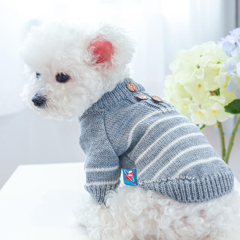 【クリアランスセール！】最終価格！　ペット服 犬 ボーダー カジュアル 長袖ニット ボタン付  グレー&ホワイト |  | 05