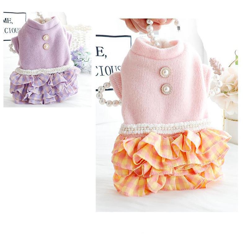 【クリアランスセール！】最終価格！ペット服 犬　マドラスチェック ニットドッキングワンピース |  | 07