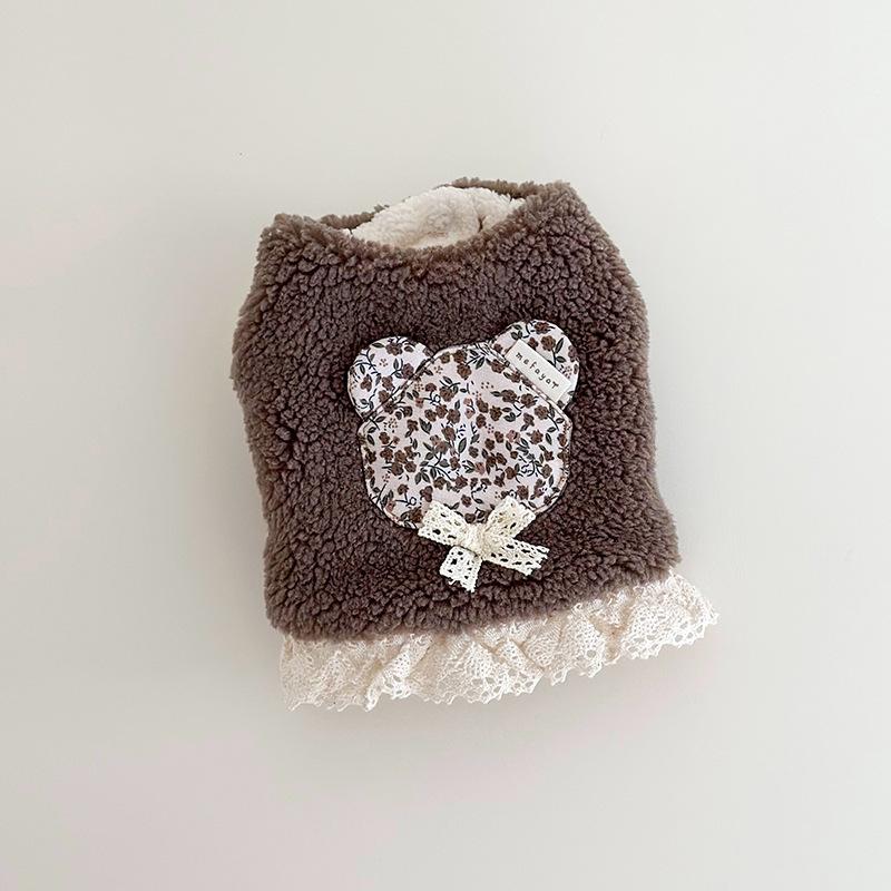 犬用冬服 ボアベスト フラワーベア パッチワーク｜レース リボン付き |  | 02