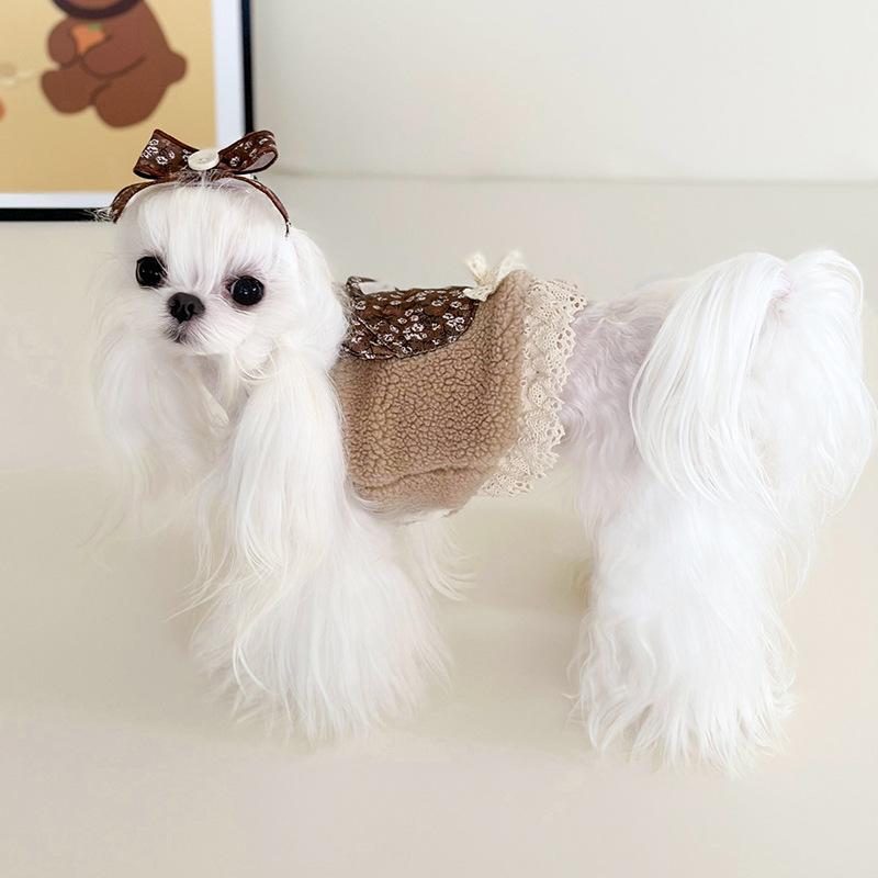 犬用冬服 ボアベスト フラワーベア パッチワーク｜レース リボン付き |  | 05