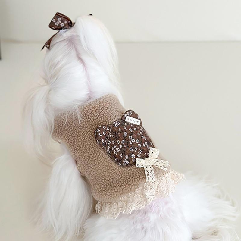 犬用冬服 ボアベスト フラワーベア パッチワーク｜レース リボン付き |  | 07