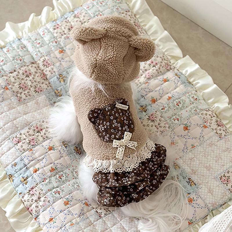 犬用冬服 ボアベスト フラワーベア パッチワーク｜レース リボン付き |  | 08