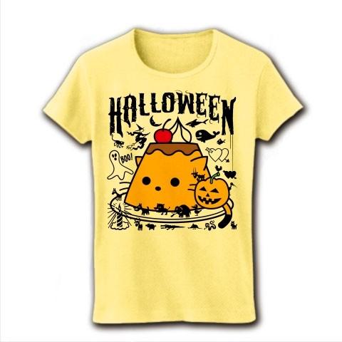 かぼちゃプリンねこのハロウィンパーティー リブクルーネックTシャツ(ライトイエロー)｜clubtstore