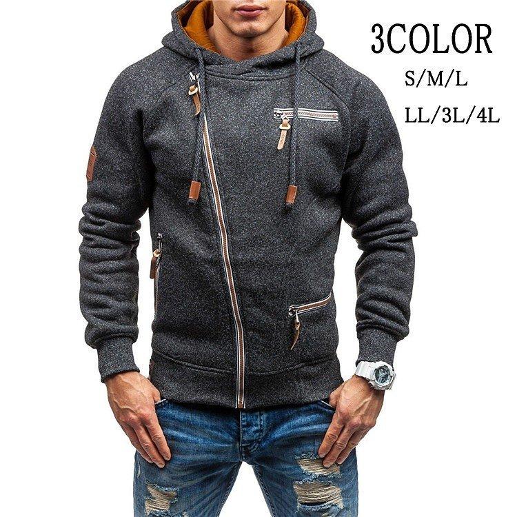 パーカー メンズ おしゃれ スウェット パーカ 長袖 パーカー フード付き ジャケット 斜めジッパー 2020新作 アウター 大人カジュアル