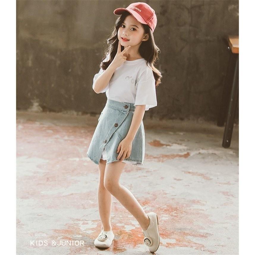 子供服 セットアップ キッズ 女の子 韓国子供服 上下セット 2点セット トップス 半袖 Tシャツ ミニスカート デニム 可愛い 春夏 通学着 通園着