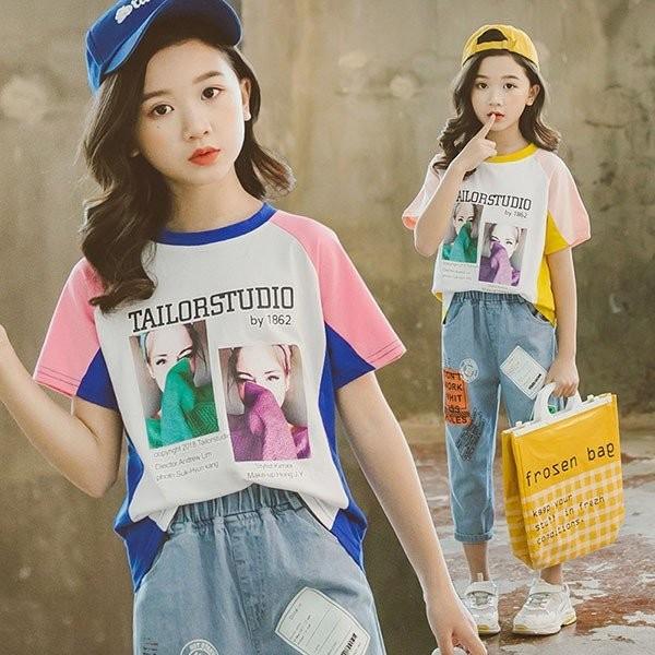 子供服 セットアップ 女の子 韓国子供服 キッズ ジュニア 春夏 上下セット 2点セット デニムパンツ Tシャツ 薄手 半袖 長ズボン 新品 可愛い 通学着 爆買い送料無料 おしゃれ