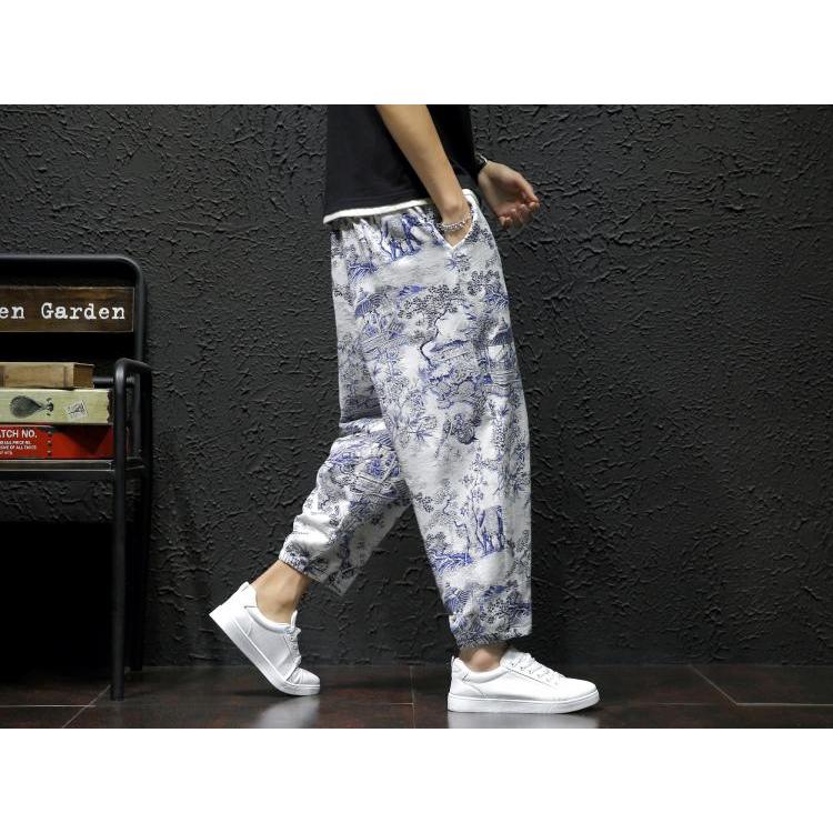 サルエルパンツ メンズ ゆったり リネンパンツ ワイドパンツ 夏 涼しいズボン 父の日 花柄 麻ズボン 定番 ワイドパンツ