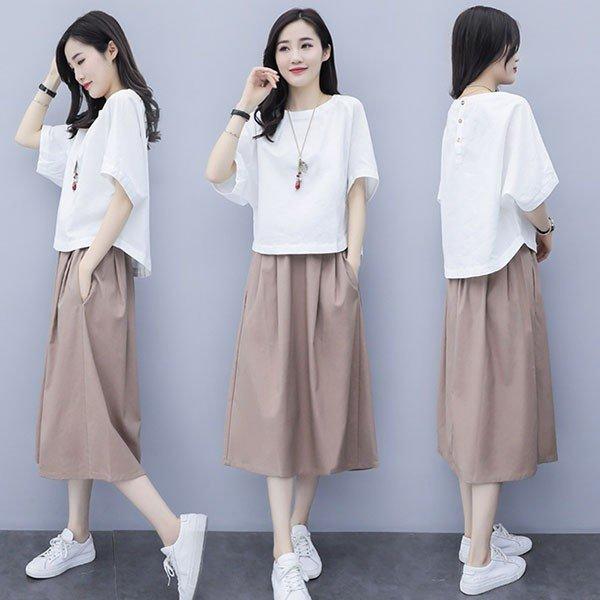 セットアップ レディース カジュアル 夏 40代 きれいめ トップス 半袖 綿麻 スカート 無地 2点