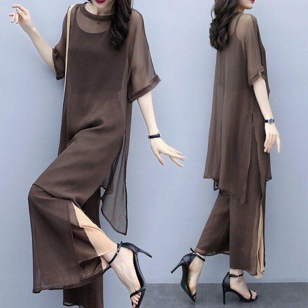 セットアップ レディース 夏 ワイドパンツ 3点セット シフォンブラウス ロングカーディガン 半袖 体型カバー ガウチョパンツ 黒 通勤 Ol 40代 大きいサイズ 注目のブランド