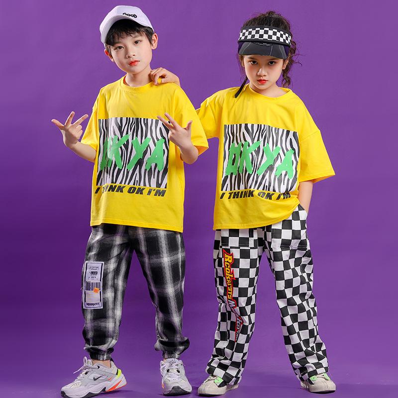値下げ キッズダンス衣装 イエロートップス チェック柄パンツ 長袖パーカー ヒップホップ Hiphop ジャッズ 子供服 発表会 演出服 オシャレ ダンスウェア Materialworldblog Com