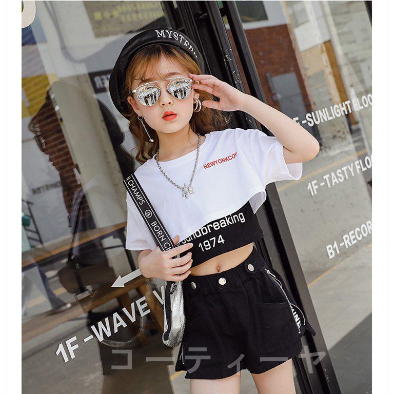キッズダンス衣装 ヒップホップ HIPHOP 3点セット ショート丈Tシャツ タンクトップ ショートパンツ 女の子 へそ出し ステージ衣装 子供 ダンス衣装 練習着 :21pm14:コーティーヤ 通販 ミニ丈 タンクトップ キッズ 150cm ブラック ストリート