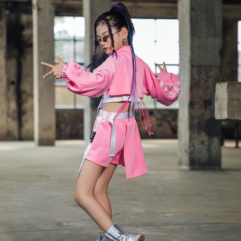 本物品質の ダンス 衣装 キッズ ピンク 韓国 チア チアガール ステージ衣装 セットアップ HIPHOP ヒップホップ ジャズダンス へそ出し  おしゃれ 卒業式 応援団