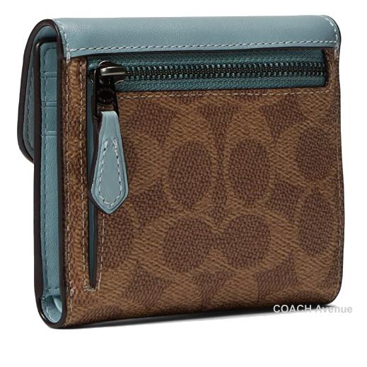 なくなり次第終了 コーチ COACH C2329 ウィン スモール ウォレット カラーブロック シグネチャー キャンバス タン アクア 折りたたみ財布 送料無料｜coachavenue｜02