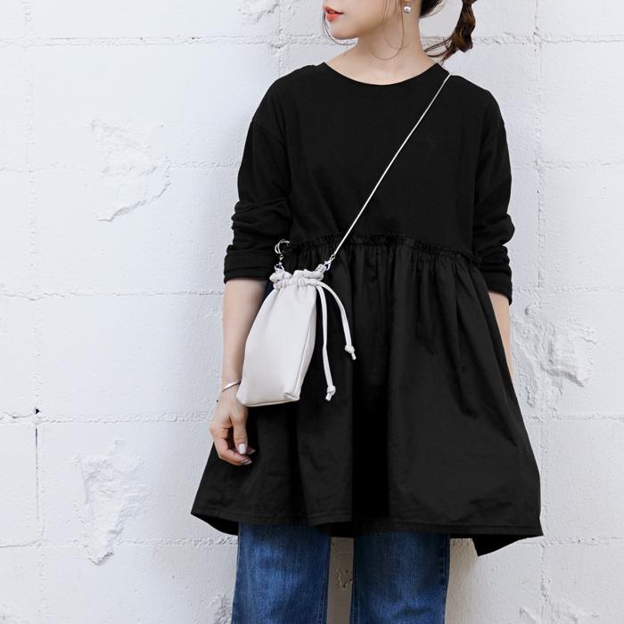 チュニック レディース 長袖 フリル トップス フレア 異素材切り替え Aライン 無地 カットソー Akiico ss メール便不可 02 01 Coca 通販 Yahoo ショッピング