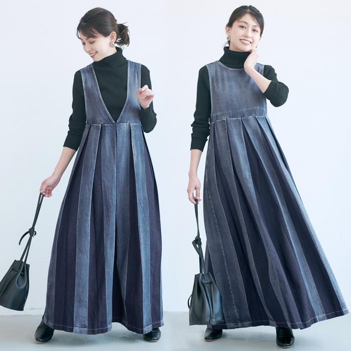 ワンピース レディース 前後2way ウエストプリーツ Vネック クルーネック デニム フレア Aライン バイカラー 送料無料 メール便不可 Coca コカ 16 01 Coca 通販 Yahoo ショッピング