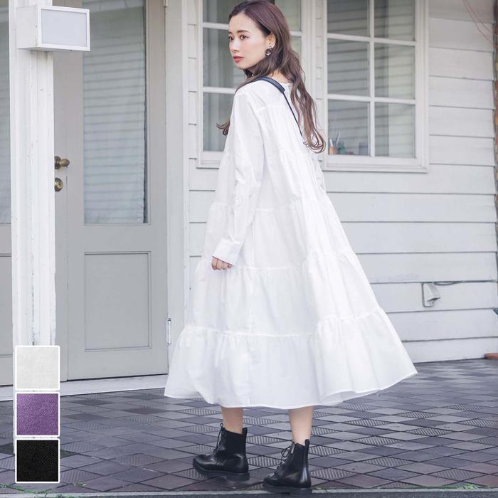 ティアードワンピース レディース Aライン フリル フレア クルーネック ラウンドネック 長袖 綿100 コットン メール便不可 21ss Coca コカ 16 02 Coca 通販 Yahoo ショッピング
