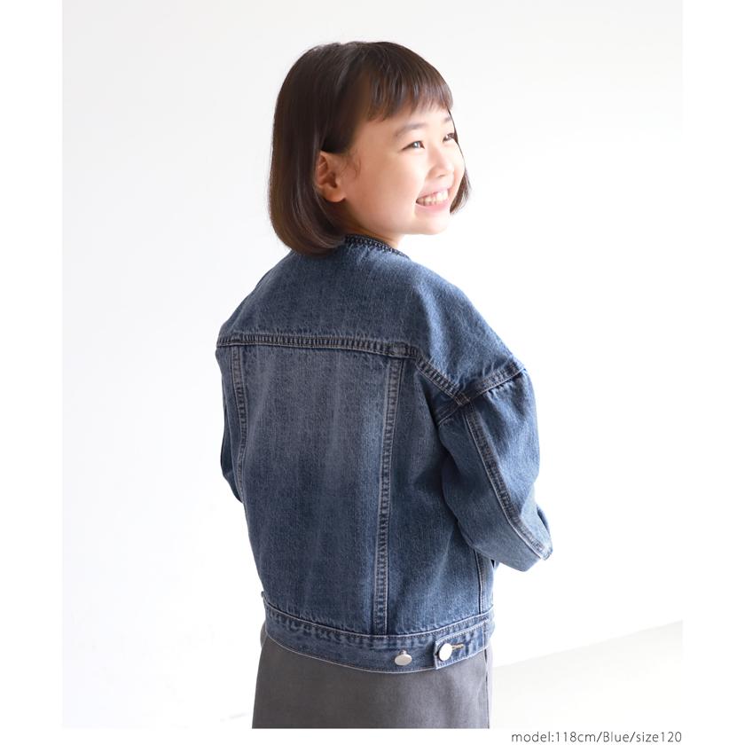 セール★2990円→1490円 キッズ100-130  メール便不可 子供服 デニムジャケット Gジャン 羽織り ノーカラー ラウンドネック 長袖 男女兼用 親子お揃い coca コカ｜cocacoca｜09