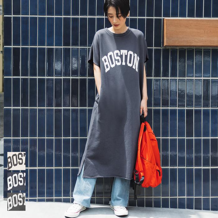 ワンピース ロゴスウェット レディース ピグメント加工 フレンチスリーブ サイドスリット クラックプリント 値下げ2990円 1490円 メール便不可 36 02 Coca 通販 Yahoo ショッピング