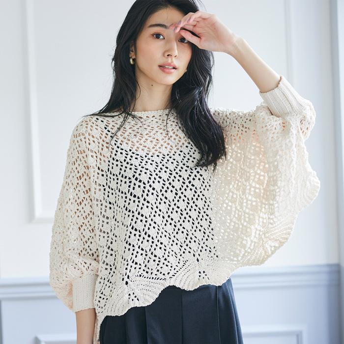 トップス レディース ニット かぎ編み クロシェ ドルマンスリーブ プル  