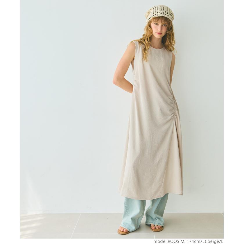 ロングワンピース レディース とろみ ギャザー しぼ感 サテンライク  