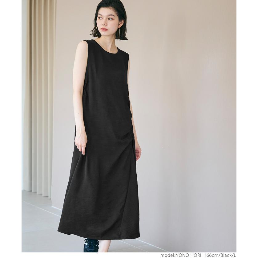 ロングワンピース レディース とろみ ギャザー しぼ感 サテンライク  