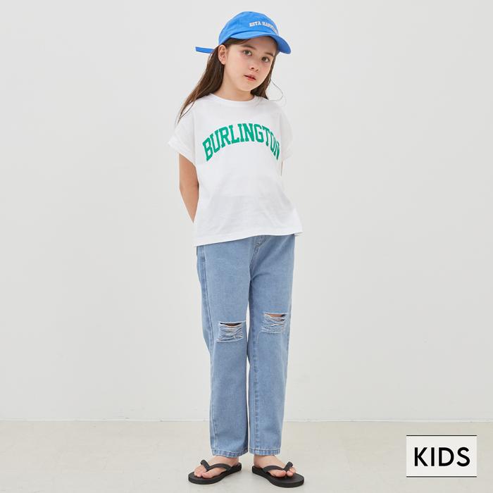 キッズ 110-140 デニム ダメージ ウエストゴム ポケット ロング丈  