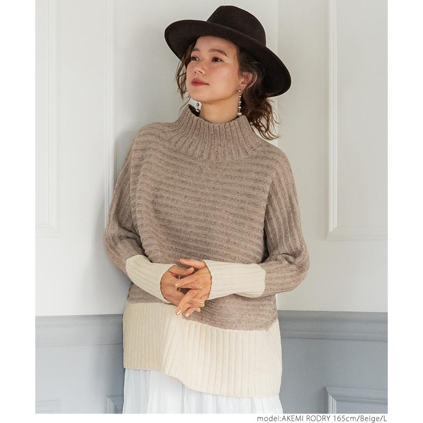 SALE！BEIGE,バイカラータートルネックニット